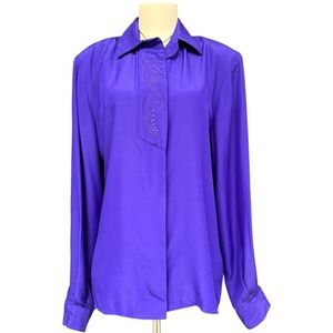 Vintage 80s Purple Silky Blouse Women’s Size 12 Embroidered Placket Long Sleeve